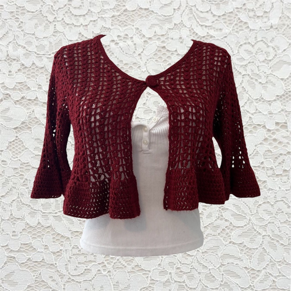 vintage anthropologie crochet quarter sleeve button shawl